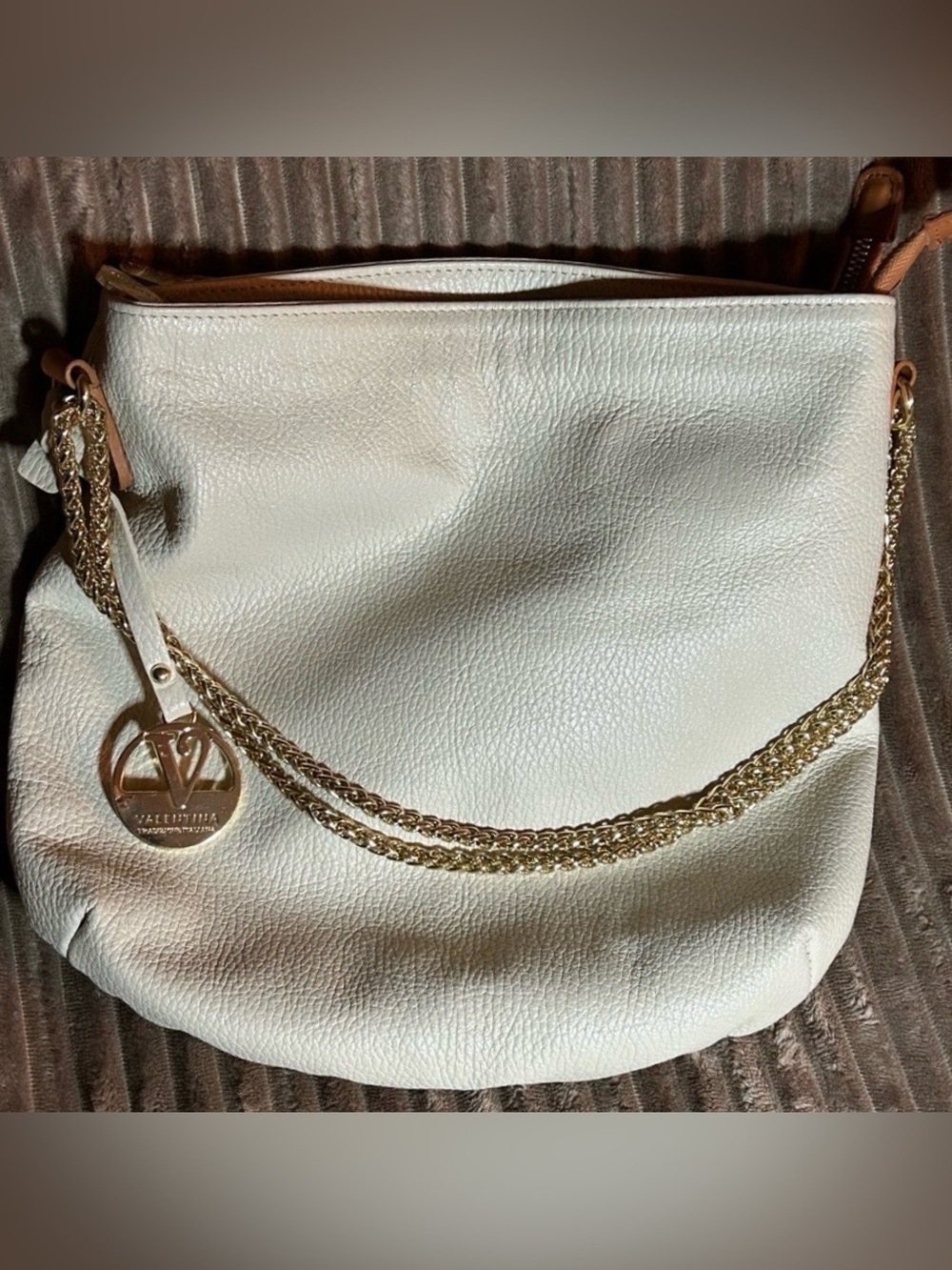 Valentina Italian Leather Double Entry Cream Shoulder Bag with Gold Accents